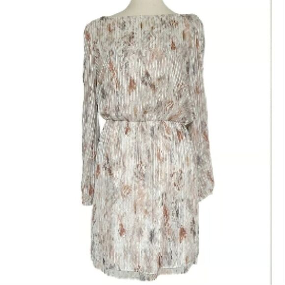 White House Black Market Long Sleeve Geo Boho Dress White Brown Sz 8 Shimmery - Picture 7 of 10